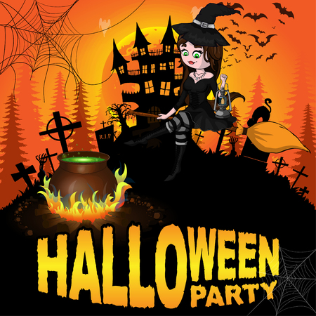 Halloween Party Poster with witch. Vector illustration.のイラスト素材