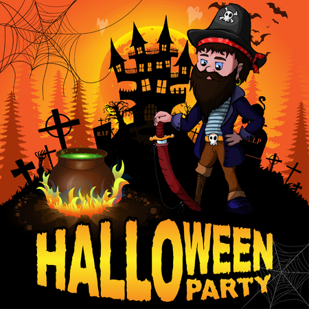 Halloween Party Poster with Pirate. Vector illustration.のイラスト素材