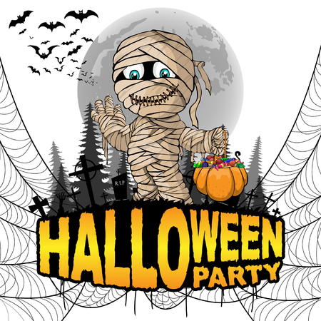 Halloween Party Poster with mummy on a white isolated background. Vector illustration.のイラスト素材