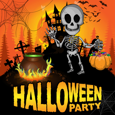 Halloween Party Design template with skeleton. Vector illustration.のイラスト素材