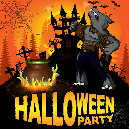 Halloween Party Poster with with werewolf. Vector illustration.のイラスト素材