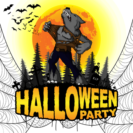 Halloween Party Poster with werewolf on a white isolated background. Vector illustration.のイラスト素材