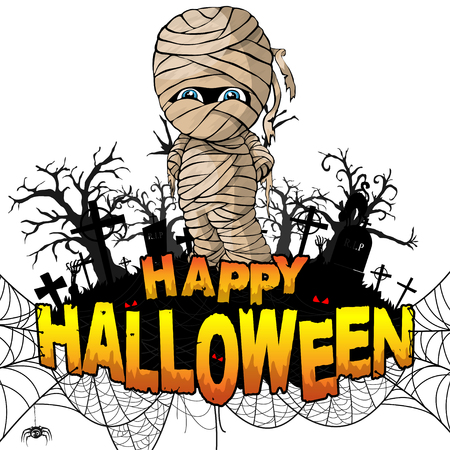 Happy Halloween Design template with mummy on white isolated background. Vector illustration.のイラスト素材