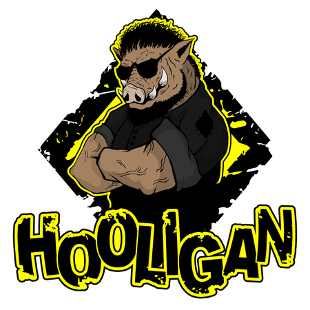 print on T-shirt "hooligan" with a boar image. Vector illustrationのイラスト素材