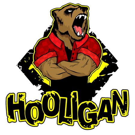 print on T-shirt "hooligan" with a bear image. Vector illustration.のイラスト素材