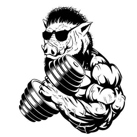 Vector illustration of a strong ferocious boar bodybuilder shows a large bicepのイラスト素材