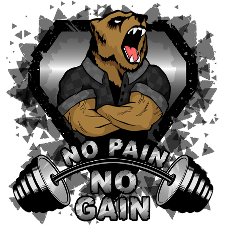 Vector illustration barbell and strong bear. No pain - no gain inspirational lettering.のイラスト素材