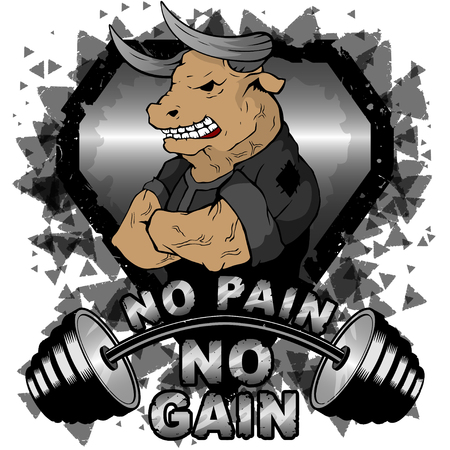 Vector illustration barbell and strong wild bull. No pain - no gain inspirational lettering.のイラスト素材