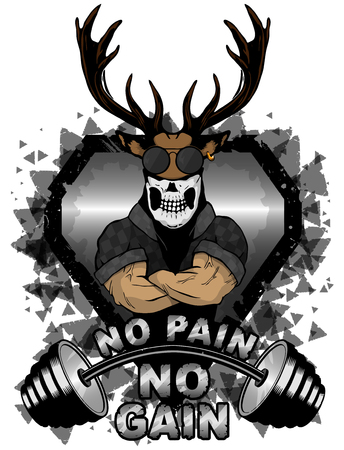 Vector illustration barbell and strong deer. No pain - no gain inspirational lettering.のイラスト素材