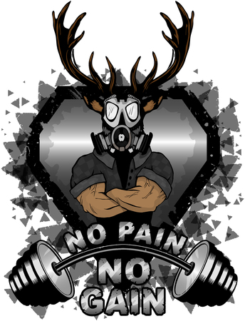 Vector illustration barbell and strong deer. No pain - no gain inspirational lettering.のイラスト素材