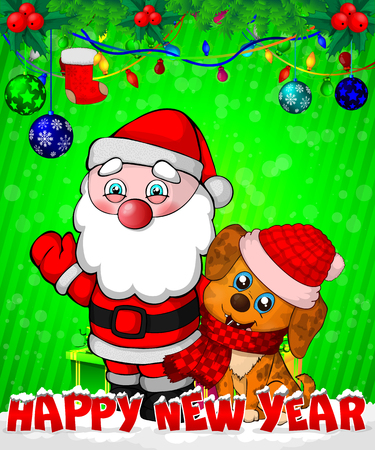Cartoon Santa Claus and puppy with gift boxes on green background.のイラスト素材