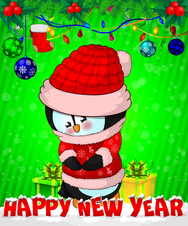 Cartoon cristmas penguin with gift boxes on green background.のイラスト素材