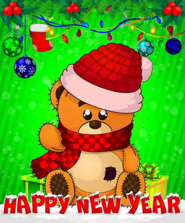 Cartoon cristmas teddy bear with gift boxes on green background.のイラスト素材