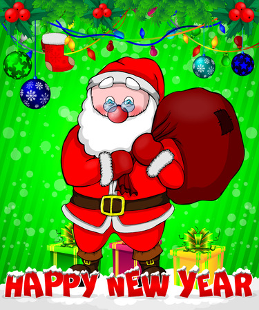 Santa Claus with gift boxes on green background.のイラスト素材
