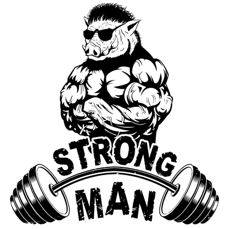 Vector illustration barbell and strong wild boarのイラスト素材