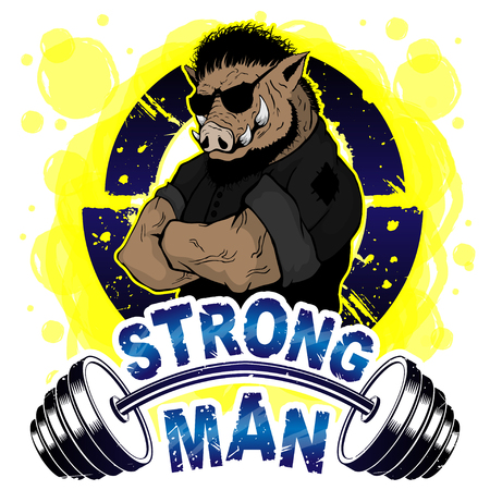 Vector illustration barbell and strong wild boar. T-shirt print.のイラスト素材