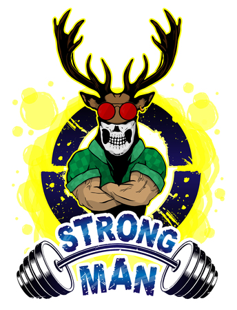 Vector illustration barbell and strong deer. T-shirt print.のイラスト素材