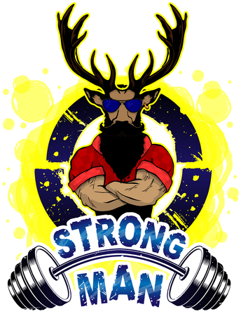 Vector illustration barbell and strong deer. T-shirt print.のイラスト素材