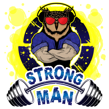 Vector illustration barbell and strong owl. T-shirt print.のイラスト素材