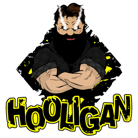 print on T-shirt "hooligan" with a strong man image. Vector illustration.のイラスト素材