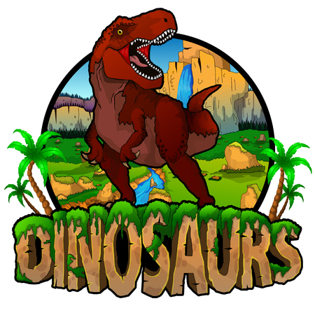 Logo  Dinosaurs World with Tyrannosaurus. Vector illustration.のイラスト素材