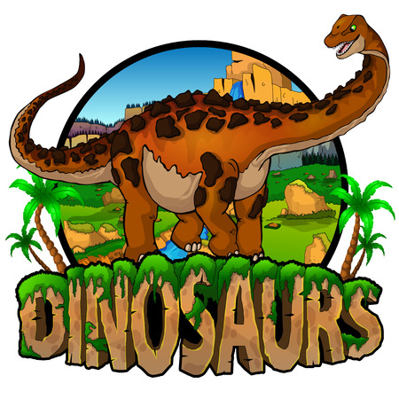 Logo  Dinosaurs World with Titanosaur. Vector illustration.のイラスト素材