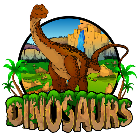 Logo  Dinosaurs World with Diplodocus. Vector illustration.のイラスト素材