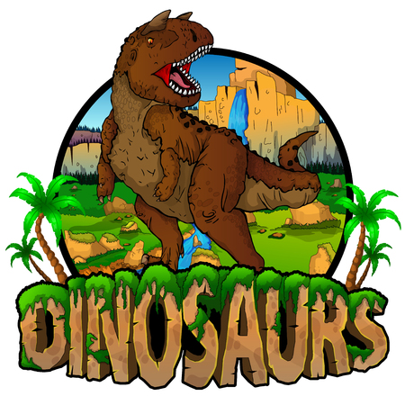 Logo  Dinosaurs World with Carnotaur. Vector illustration.のイラスト素材