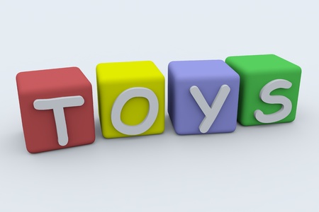 Coloured blocks that spell TOYS horizontally on white surface