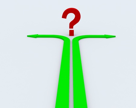 Two green 3D arrows in front of question sign on white surfaceの写真素材