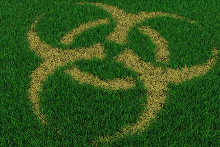 Biohazard symbol from thatch on green grass. 3D render image.の写真素材