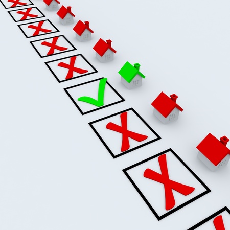 Green and red check marks near little houses. Representing success, choice and decision makingの写真素材