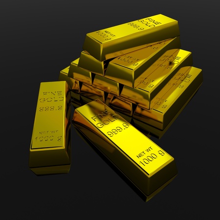 Gold Bars on black glossy surface. 3D render image.の写真素材