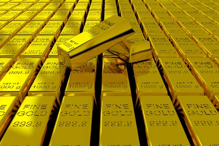 A lot of Gold Bars on the floor. 3D render image.