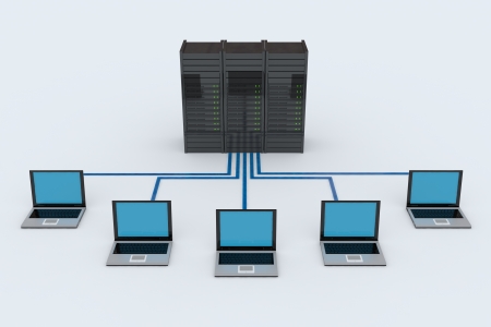 Computer Network with server on white background. 3D reder image.の写真素材