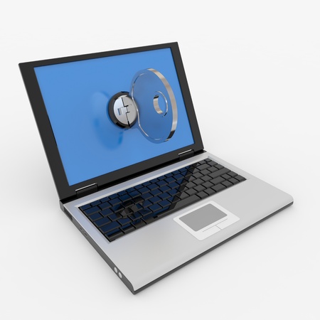 Laptop with lock and key. Concept of security. Computer generated image.の写真素材