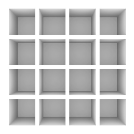 Empty white bookshelf isolated on white. Computer generated image.の写真素材