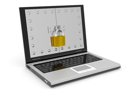Abstract laptop safe with lock. Computer security concept. Computer generated image.の写真素材