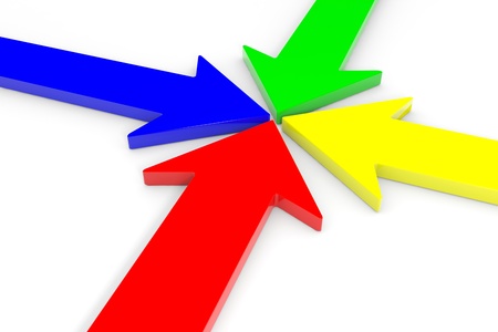 Colorful arrows point center. Computer generated image.の写真素材