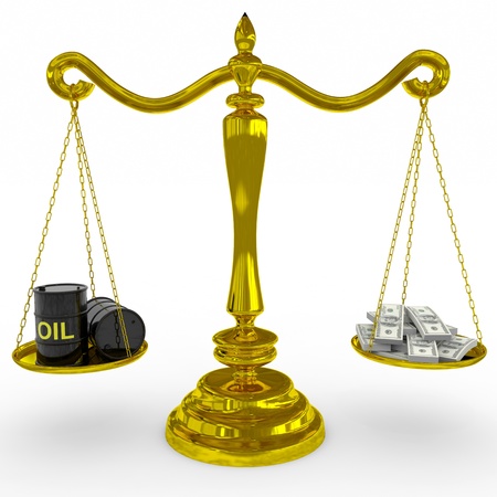 Oil barrel and dollars sing on a golden scales. Computer generated image.の写真素材