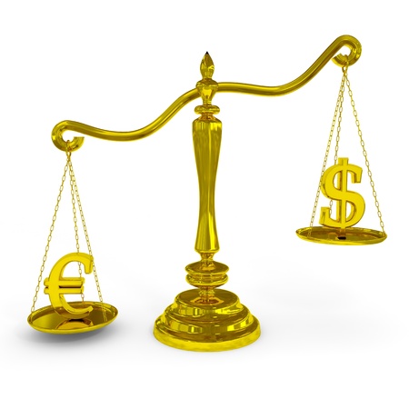 Dollar and euro signs on a scales. Computer generated image.の写真素材