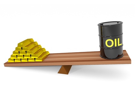 Oil barrel and gold bars on a scales. Computer generated image.の写真素材