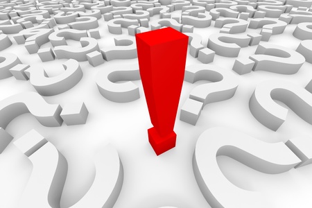 Red 3d exclamation point among question marks. Computer generated image.の写真素材