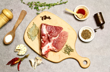 Raw meat on a wooden board with spicesの素材