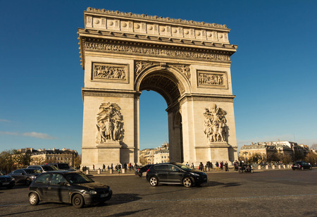 Paris, France-November 28, 2015 : The Triumphal Arch is one of the most famous monument in Paris.It stands in the centre of the Place Charles de Gaule, at the western end of Champs Elysees.It honours those who fought and died for Francein the French Rovolのeditorial素材