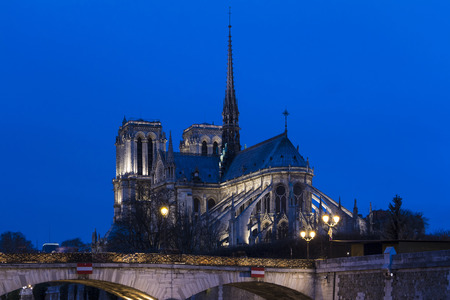 The cathedral Notre dame at night, Paris, France.の写真素材
