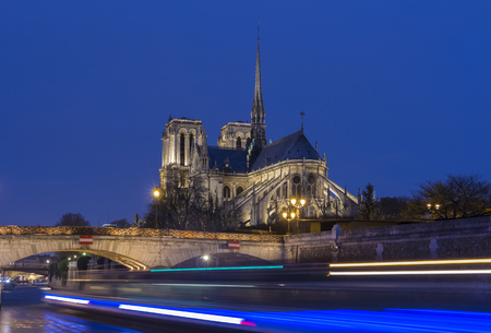 The cathedral Notre dame at night, Paris, France.の写真素材