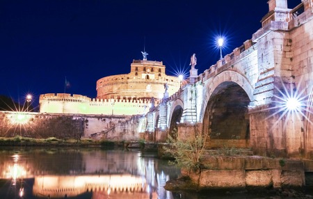 St.Angelo Bridge and Castle Sant'Angelo by night, Rome, Italyの写真素材