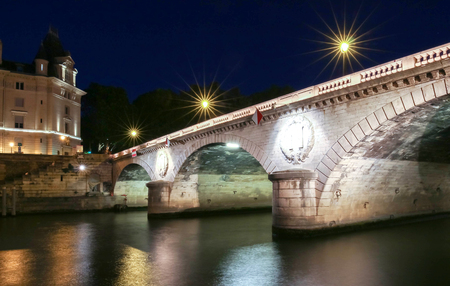 The pont( bridge) Saint- Michel at night, Paris, France.の写真素材