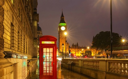The Big Ben tower at rainy night, London, United Kingdom.